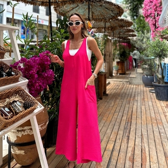 Pembe Ayrobin Kumaş Cepli Salopet Tulum