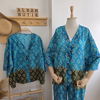Mavi Yeşil Desenli Kimono Takımı