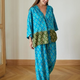 Mavi Yeşil Desenli Kimono Takımı
