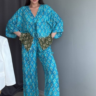 Mavi Yeşil Desenli Kimono Takımı