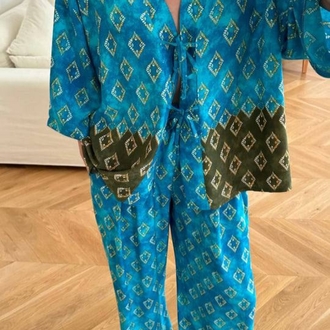 Mavi Yeşil Desenli Kimono Takımı