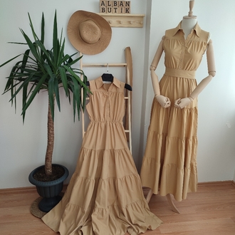 Bej Bağlamalı Poplin Kumaş Maxi Elbise
