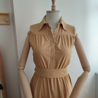 Bej Bağlamalı Poplin Kumaş Maxi Elbise