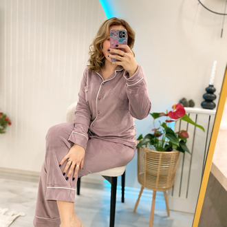 Pudra rengi kadife pijama takımı