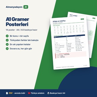 Almanca A1 Gramer Posterleri – 14 Poster (A4/A3, PDF)