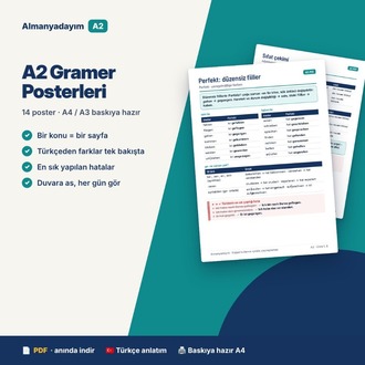 Almanca A2 Gramer Posterleri – 14 Poster (A4/A3, PDF)