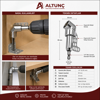 1/4” Bits Uyumlu Köşe Vidalama Aparatı (90° Açılı Metal)