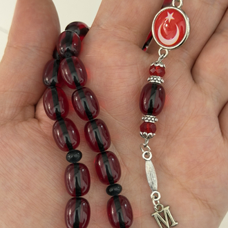 kırmızı ateş kehribarı harfli bayraklı tesbih