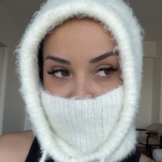 Ön sipariş- Hoodelle Beyaz Balaclava – 4 Stilde Kullanım | El Örmesi Unisex