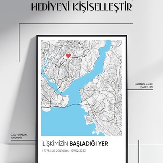 Kişiye Özel Şehir Haritası Tablo Koordinatlı & Kalpli İşaretli Anı Posteri