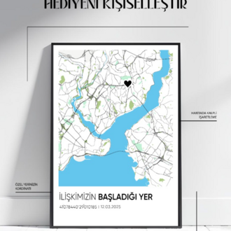 Kişiye Özel Şehir Haritası Tablo Koordinatlı & Kalpli İşaretli Anı Posteri
