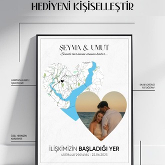 Kişiye Özel Kalpli Harita Tablo – Fotoğraflı ve Koordinatlı Anlamlı Hediye