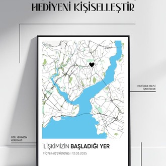 Kişiye Özel Şehir Haritası Tablo Koordinatlı & Kalpli İşaretli Anı Posteri