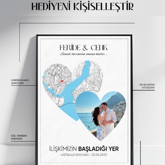 Kişiye Özel Kalpli Harita Tablo – Fotoğraflı ve Koordinatlı Anlamlı Hediye