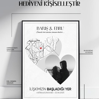 Kişiye Özel Kalpli Harita Tablo – Fotoğraflı ve Koordinatlı Anlamlı Hediye