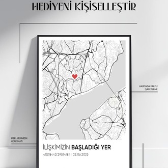 Kişiye Özel Şehir Haritası Tablo Koordinatlı & Kalpli İşaretli Anı Posteri