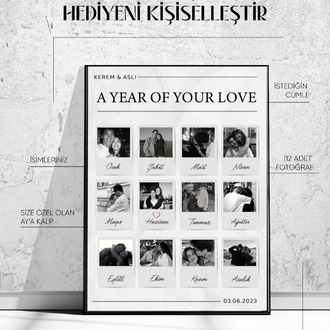 Kişiye Özel Yıl Dönümü Takvimi | 12 Ay Fotoğraflı Aşk Çerçevesi | Yılbaşı Hediyesi