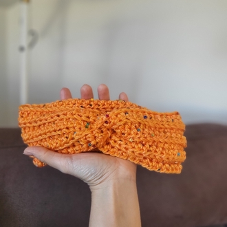 Turuncu Pullu Örgü Set – Cüzdan, Saç Bandı ve Kulaklık Kılıfı