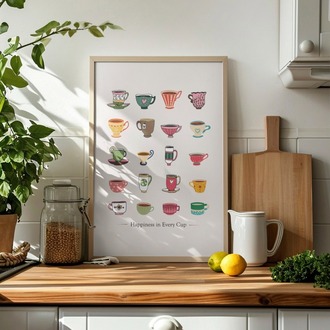 Happiness in Every Cup – Renkli Fincan Duvar Posteri