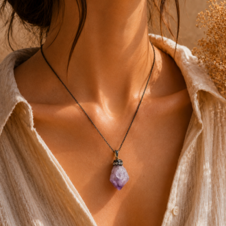 Siyah Zincirli Ham Ametist Kristal Kolye