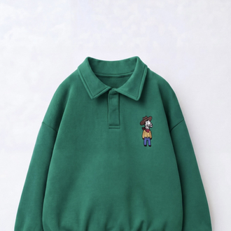 Polo Yaka Yeşil Nakış Detaylı Sweatshirt