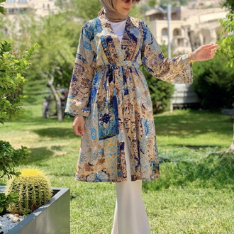 Bej Mavi Etnik Kimono