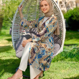 Bej Mavi Etnik Kimono