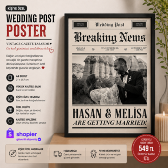 Vintage Wedding Post Gazete Tasarımı | A4 Çerçeve Dekoru