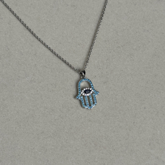 Özel seri Silver mavi taşlı hamsa kolye ( 44cm )