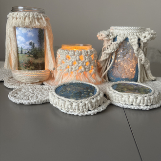 El Yapımı Makrome & Decoupage Mumluk Seti (5 Parça) 