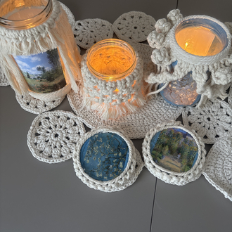 El Yapımı Makrome & Decoupage Mumluk Seti (5 Parça) 
