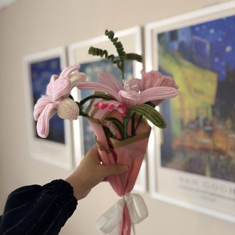      Pink Şönil Flower Bouquet | Üçlü El Yapımı Buket