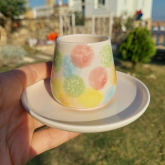 Rengarenk Benekli Kulpsuz Türk Kahvesi Fincan ve Tabağı - 100 ml