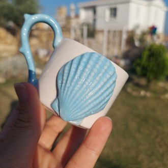 Mavi Pekten Figürlü Türk Kahvesi Fincanı ve Tabağı - 80 ml