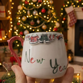 Yılbaşı New Year Christmas Noel El Yapımı Kulplu Seramik Kupa-200 ml