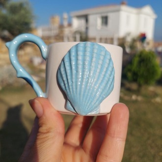 Mavi Pekten Figürlü Türk Kahvesi Fincanı ve Tabağı - 80 ml