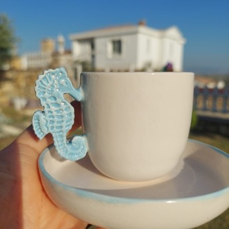 MaviDeniz Atı Kulplu Türk Kahvesi Fincanı ve Tabağı - 80 ml