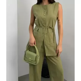 düğmeli kuşaklı keten takım haki