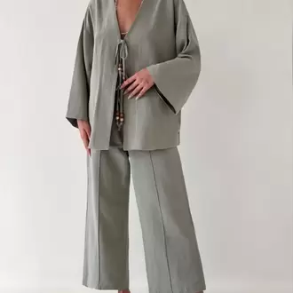 keten kimono takım-haki