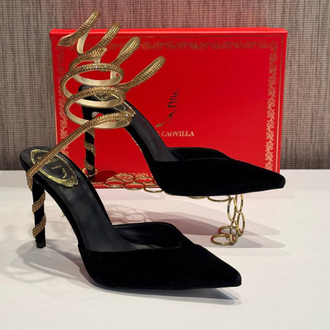 Rene Caovilla Velvet Slingback Pumps Siyah Topuklu Sandalet (İthal)