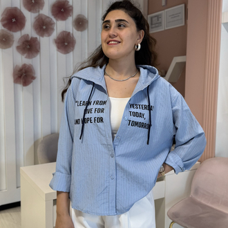 Mavi Çizgili Kapüşonlu Tensel Gömlek