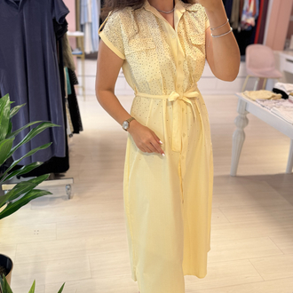 Sarı Taş Detaylı Poplin Elbise