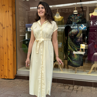 Sarı Taş Detaylı Poplin Elbise