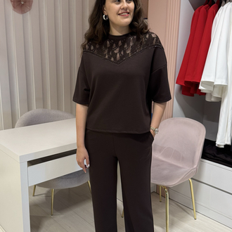 Yakası Dantel Detaylı Kahve Modal Takım
