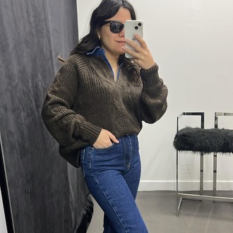 Yakası Jean Detaylı Kahve Kazak