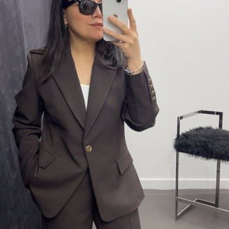 İkili Kahve Blazer  Palazzo Takım – Gold Düğme Detaylı