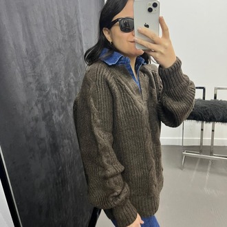 Yakası Jean Detaylı Kahve Kazak