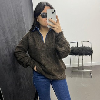 Yakası Jean Detaylı Kahve Kazak