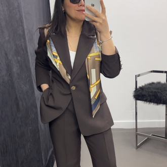 İkili Kahve Blazer  Palazzo Takım – Gold Düğme Detaylı