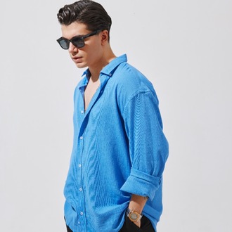 Babylon Oversize Keten Gömlek - Blue